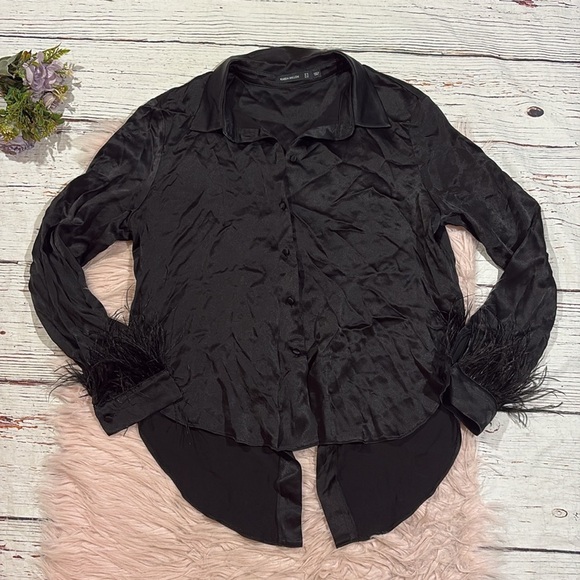 Karen Millen Satin Crepe Feather Trim Black Layered Black Blouse - Picture 1 of 11